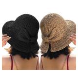 Foldable Wide Brim Floppy Straw Beach Sun Hat,Summer Cap with Bowknot for Women Girls,Strap Adjustable (2 Pack Khaki & Black)