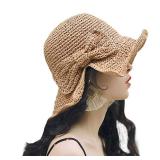Foldable Wide Brim Floppy Straw Beach Sun Hat,Summer Cap with Bowknot for Women Girls,Strap Adjustable (2 Pack Khaki & Black)