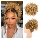 HOOJIH Curly Hair Bun, Elastic Drawstring Loose Wave Messy Bun 1PC Large Full Hair Bun Extension Hairpiece Short Synthetic Ponytail Extension for Women - Light Golden Blonde - Retail: $20