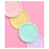 xo, Fetti Smiley Paper Plates - 24 pk, 9\ | Happy Pastel Birthday Party Decorations, Cute Bachelorette Party, Cool Cake Plates - Retail: $15in