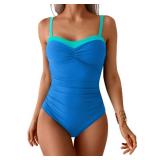 Aidonger One Piece Swimsuit Tummy Control Color Block Bathing Suits for Women Ruched Slimming Swim Suit Tie Back Medium