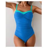 Aidonger One Piece Swimsuit Tummy Control Color Block Bathing Suits for Women Ruched Slimming Swim Suit Tie Back Medium