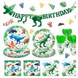 169 Pcs Watercolor Dinosaur Party Supplies Dinosaur Theme Birthday Party Decoration Includes Banner Plates Cups Napkins Knives Forks Spoons Tableware for Boys Birthday, Serves 24 Guests - Retail: $18
