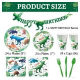 169 Pcs Watercolor Dinosaur Party Supplies Dinosaur Theme Birthday Party Decoration Includes Banner Plates Cups Napkins Knives Forks Spoons Tableware for Boys Birthday, Serves 24 Guests - Retail: $18