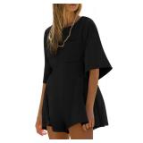 Yousify Womens Rompers for Summer 2025 Spring Outfits Casual Half Sleeve Jumpsuit Loose Shot Romper Dress with Pocket Black M - Retail: $30