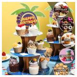 Geelin 2 Pcs 3 Tier Blue and Gold Ring Cartoon Round Cupcake Stand Birthday Decoration Animals Forest Ring Tray Cake Stand Decorations for Birthday Party Baby Shower Supplies - Retail: $17