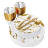 JOLLY PARTY 180PCS Disposable Dinnerware Set 30 Guest, 60 White and Gold Plastic Plates, 30 Plastic Silverware, 30 Cups, Marble Design Disposable Dinnerware for Wedding and Parties - Retail: $32