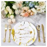 JOLLY PARTY 180PCS Disposable Dinnerware Set 30 Guest, 60 White and Gold Plastic Plates, 30 Plastic Silverware, 30 Cups, Marble Design Disposable Dinnerware for Wedding and Parties - Retail: $32