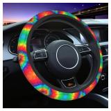 Tie Dye Steering Wheel Cover with 2 Car Coasters Non Slip Neoprene for Women Men Universal 15 Inch - Retail: $14
