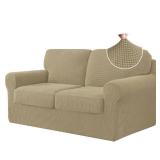 CHUN YI 5 Piece Loveseat Covers, Stretch Couch Covers for 2 Cushion Couch with Separate Backrest and Cushion Covers, Anti-Slip Washable Furniture Protector for Dogs Pets (Medium, Khaki) - Retail: $56
