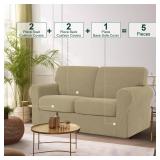 CHUN YI 5 Piece Loveseat Covers, Stretch Couch Covers for 2 Cushion Couch with Separate Backrest and Cushion Covers, Anti-Slip Washable Furniture Protector for Dogs Pets (Medium, Khaki) - Retail: $56