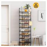 WEXCISE Narrow Shoe Rack 10 Tiers Tall Shoe Rack for Entryway 20 24 Pairs Shoe and Boots Organizer Storage Shelf Durable Black Metal Stackable Shoe Cabinet with Hooks, 17.1D x 11.8W x 78.7H in - Retai