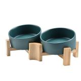 SPUNKYJUNKY 15° Slanted Ceramic Dog and Cat Bowl with Wooden Stand, Tilted Bulldog Food and Water Bowl No Slip Non-Spill for Cats Medium Dogs Big Face Pets 13.5 OZ (1.7 Cups, Green × 2) - Retail: $3