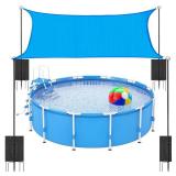Briwooody Pool Shade Canopy Set 9. 8 x 8 ft Blue Outdoor Shade Sail with 4 Shepherd Hook Bracket and 4 Sandbags for Outdoor Patio Garden Backyard (Not Included Above Ground Pool) - Retail: $36