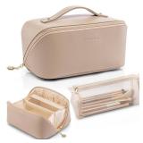 Vlando Makeup Bag,Gifts for Teachers,Large Capacity Toiletry Bag for Women Waterproof Portable Make up Pouch PU Leather Open Flat Cosmetic Bag(Toffee) - Retail: $25