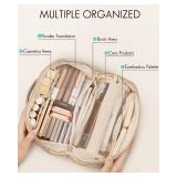 Vlando Makeup Bag,Gifts for Teachers,Large Capacity Toiletry Bag for Women Waterproof Portable Make up Pouch PU Leather Open Flat Cosmetic Bag(Toffee) - Retail: $25