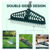 YEELOR Artificial Grass Rake, Double Sided Garden Hand Turf rake, Stainless Steel Long Pole Leaves Rake16 inch Wide for Garden Lawn Clean, Artificial Turf, Patios ,Carpets, Pet Hairs - Retail: $28