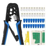 RJ45 Crimping Tool Kit Ethernet Crimp Set, RJ-11, 6PRJ-12, 8PRJ-45 Crimp, Cut and Strip with 20PCS CAT5 CAT5e Connectors, Covers,1 Network Cable Tester 1 Wire Stripper - Retail: $19