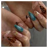 24 Pcs Almond Press on Nails Medium Fake Nails with Glue French Tip False Nails with Brown Leopard Pattern Design Artificial Acrylic Nails Press ons Reusable Almond Nails Glue on Nails for Women - Ret