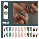 24 Pcs Almond Press on Nails Medium Fake Nails with Glue French Tip False Nails with Brown Leopard Pattern Design Artificial Acrylic Nails Press ons Reusable Almond Nails Glue on Nails for Women - Ret