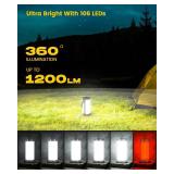 Glocusent 106 LED Camping Lantern Rechargeable, Up to 80Hrs, 5000mAh Lantern with 5 Brightness 3 Modes and SOS, IP68 Waterproof, Max 1200LM, Camping Light for Power Outages Hiking Emergency Hurricane 