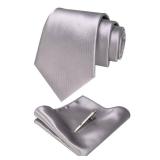 JEMYGINS Mens Formal Silver Necktie and Pocket Square, Hankerchief and Tie Bar Clip Sets (6) - Retail: $10