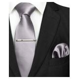 JEMYGINS Mens Formal Silver Necktie and Pocket Square, Hankerchief and Tie Bar Clip Sets (6) - Retail: $10