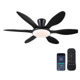 Ceiling Fans with Lights, 51 inch Modern Black Low Profile Ceiling Fan with Light and Remote App Control, Flush Mount, Quiet DC Reversible, Dim Led Ceiling Fan 6 Blade Softer Wind IndoorOutdoor Patio 