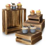 Sieral 4 Pieces Wood Cupcake Display Stand Decorative Dessert Appetizer Cake Stand Risers Wooden Crate Rustic Cake Risers for Storage for Party Christmas Halloween Wedding Decor(Rustic Dark Brown) - R