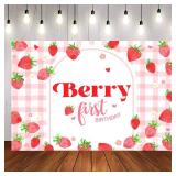 Aumeko 7x5ft Pink Gingham Berry First Birthday Backdrop Strawberry 1st Bday Background Sweet Girls Birthday Backdrops Cake Table Decorations - Retail: $16