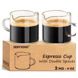 Espresso Cups Set of 2, 4 Oz Espresso Shot Glass with Handle Double Spout Cups Clear Glass Milk Cup Coffee Accessories Great for Making Coffee Desserts Salad Dressing - Retail: $8