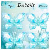 SYNUO 4pcs Iridescents Buttefly Balloon Rainbow Butterfly Mylar Balloon Butterfly Theme Party Decoration (Blue), 26inch - Retail: $10