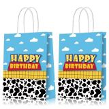 Cartoon Story Party Favor Bags, Cow Pattern Goodie Treat Bags, Blue Sky White Cloud Kraft Paper Candy Gift Bags With Handle for Kids Birthday Party Decorations - Retail: $11