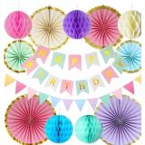 Pastel Birthday Party Decoration, Macaron Happy Birthday Party Decoration for Girls Women with Happy Birthday Banner Bunting Hanging Paper Fans, Girl Woman Pastel Birthday Honeycomb Decoration - Retai