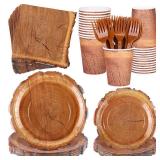Kochorie 144 Pieces Camping Wood Grain Slice Tableware Sets Rustic Wood Party Decorations Paper Plates Napkins Cups Forks Serves 24 for Forest Themed Party Decorations Hunting Birthday Supplies - Reta