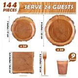 Kochorie 144 Pieces Camping Wood Grain Slice Tableware Sets Rustic Wood Party Decorations Paper Plates Napkins Cups Forks Serves 24 for Forest Themed Party Decorations Hunting Birthday Supplies - Reta