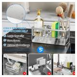Cisily Sink Caddy Sponge Holder for Kitchen, 304 Stainless Steel Rustproof, Kitchen Sink Caddy with High Brush Holder, Dish Sponge Organizer with Divider(Silver) - Retail: $18