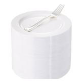 WELLIFE 100 Pieces White Plastic Dessert Plates with 100pcs Silver Disposable Forks, Premium Hard Salad Plate 7.5, Appetizer Plastic Plates for Wedding, Party - Retail: $40