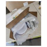 WELLIFE 100 Pieces White Plastic Dessert Plates with 100pcs Silver Disposable Forks, Premium Hard Salad Plate 7.5, Appetizer Plastic Plates for Wedding, Party - Retail: $40