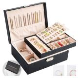Sanikeon Jewelry Boxes for Women Girls 2 Layers leather Jewelry Organizer Case with Lock Storage Box Removable Tray for Necklace Earring Ring with Polishing Cloth and Jewelry Bags - Retail: $19