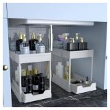 DEKAVA Cabinet, 2 Pack Under Sink Organizer, 2 Tier Sliding Bathroom Kitchen Organizer, Large White ABS Baskets, Easy Install and Clean - Retail: $30