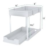 DEKAVA Cabinet, 2 Pack Under Sink Organizer, 2 Tier Sliding Bathroom Kitchen Organizer, Large White ABS Baskets, Easy Install and Clean - Retail: $30
