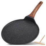 ESLITE LIFE 9.5 Inch Crepe Pan with Spreader, Nonstick Ceramic Flat Skillet Dosa Tawa Comales Para Tortillas Pancake Pan, PTFE and PFOA Free, Black - Retail: $30