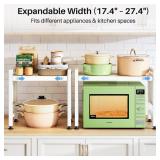 Expandable Microwave Stand, 2-Tier Adjustable Microwave Oven Rack with 10 Hooks and 2 Holders, Heavy Duty Carbon Steel Microwave Shelf for Kitchen Counter Organizer and Storage, Holds 120lbs, White - 