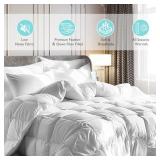 Martha Stewart White Goose Feather Down Fiber Comforter Queen Size- Lightweight Duvet Insert, Noiseless Fabric with 44oz Filled Luxury Cloud Fluffy Bed Comforter with 8Corner Loops, White 90x90inch - 