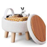 Wimarsbon Storage Ottoman, Modern Round Footrest with Soft Padded Seat, Teddy Velvet Footstool with Wood Legs, Accent Small Table or Plant Stand for Hallway, Living Room (Cream) - Retail: $28