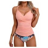 B2prity Womenfts Ruched Tankini Swimsuits V Neck Wrap Tie Back Two Pieces Bathing Suit Tummy Control Swimwear(Light Pink,Print) L - Retail: $39