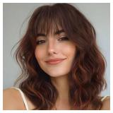 Ucubb Short Curly Wigs with Bangs for Women 14 Inches Wavy Bob Wig Synthetic Heat Resistant Fiber Wigs - Retail: $20