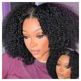 Amznlady Afro Kinky Curly V Part Wig Human Hair Brazilian Virgin Glueless Wig Human Hair for Black Women Upgrade U Part Wigs Kinky Curly Wigs No Leave Out 200percent Density Natural Color 14 Inch - Re