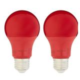 Amazon Basics A19 Red Color Party LED Light Bulbs, 60 Watt Equivalent, Energy Efficient 9W, E26 Standard Base, Non-Dimmable, 10,000 Hour Lifetime, 2-Pack - Retail: $7